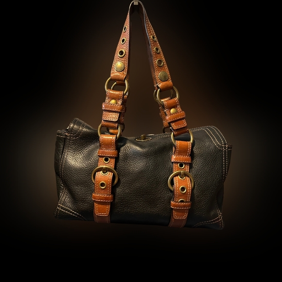 Coach Pebble Leather Chelsea Black and Brown Double Handle Turnlock Satchel - Picture 1 of 8